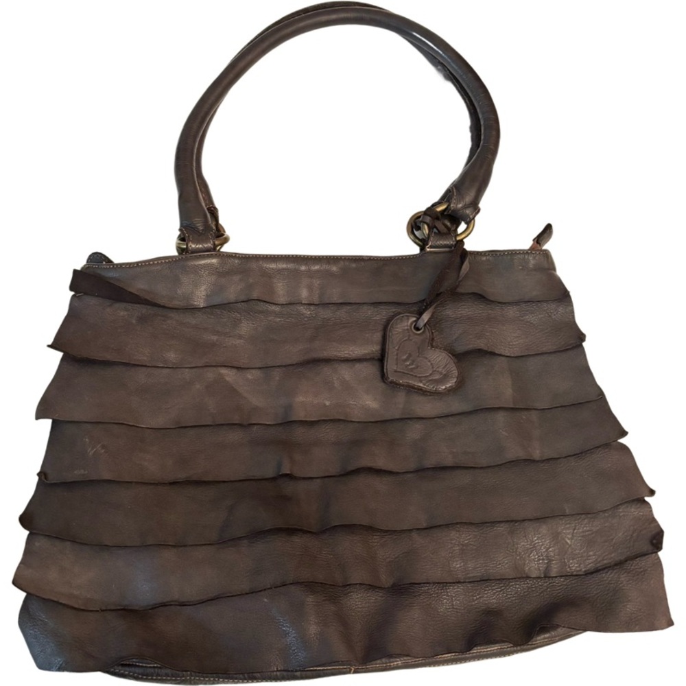 MONI MONI Leather Fringe Shoulder Bag in Charcoal Gray Size Large